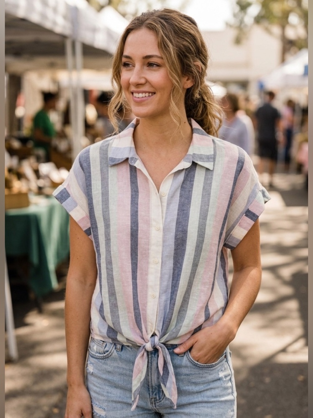 Sanctuary Pastel Multi-Stripe Tie-Front Button Down Shirt